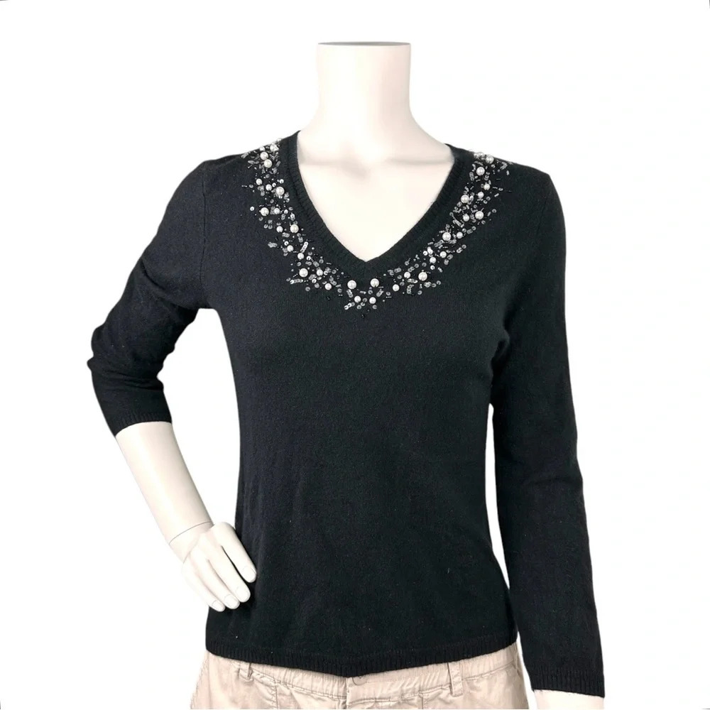 Christopher Fischer Cashmere Sequined Sweater XS Black Old‎ Money Chic Elevated